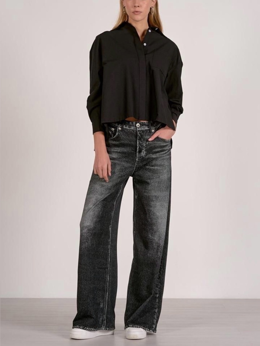Wide Leg Washed Black Women Jeans Sweat-Jeans, Sweatshirt Material